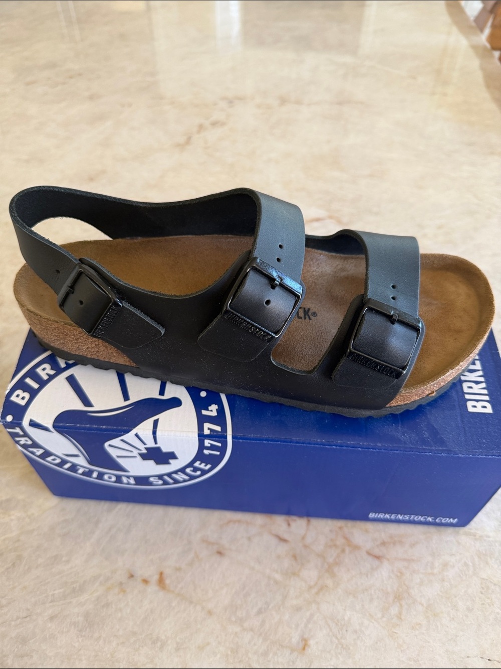 Birkenstock Black Milano RS Three-Strap Sandal Box Label - Picture 4 of 4